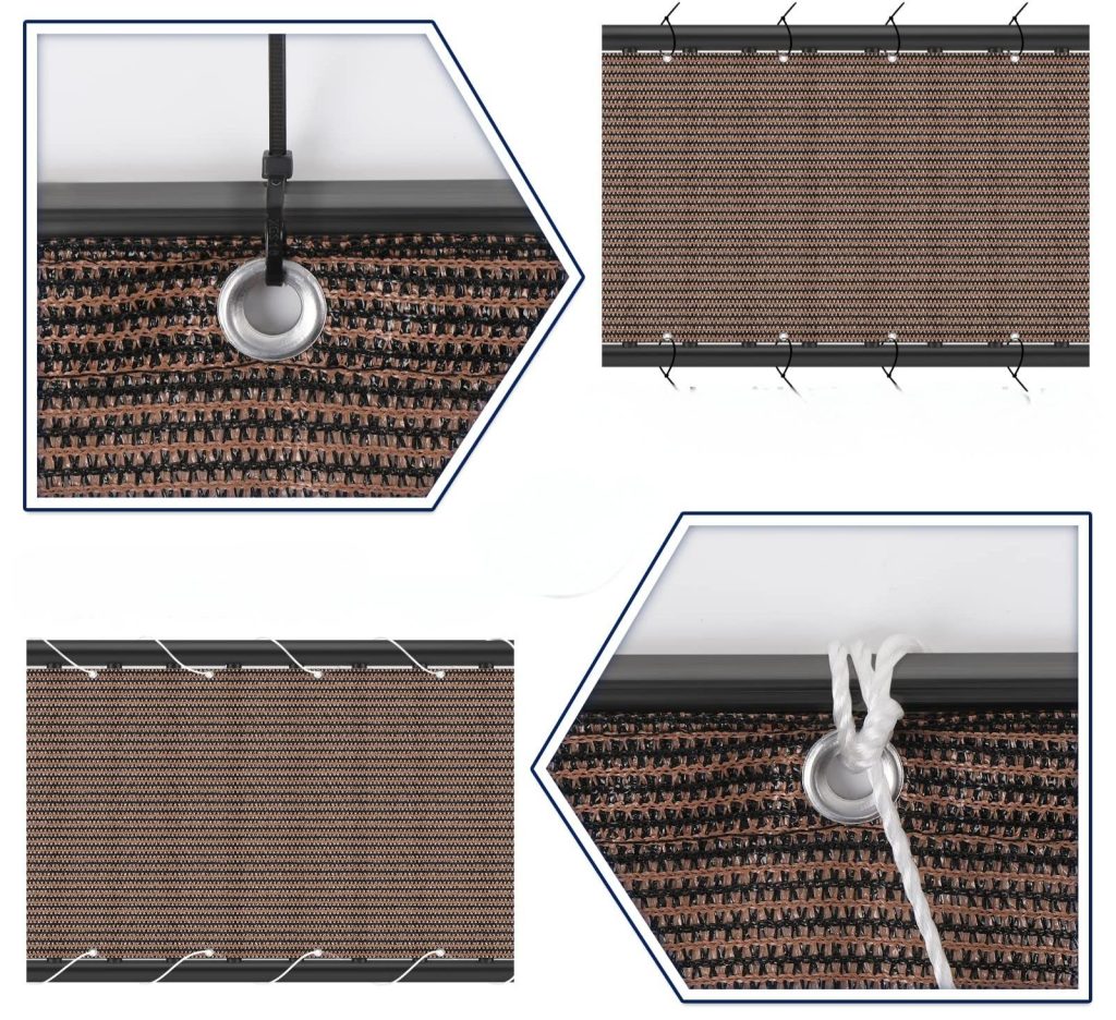 fence privacy mesh attaching with bungee cords hooks nylon ropes