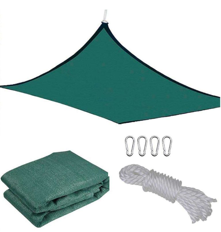 Forest Green rectangular shade sail and packaging with clips and rope