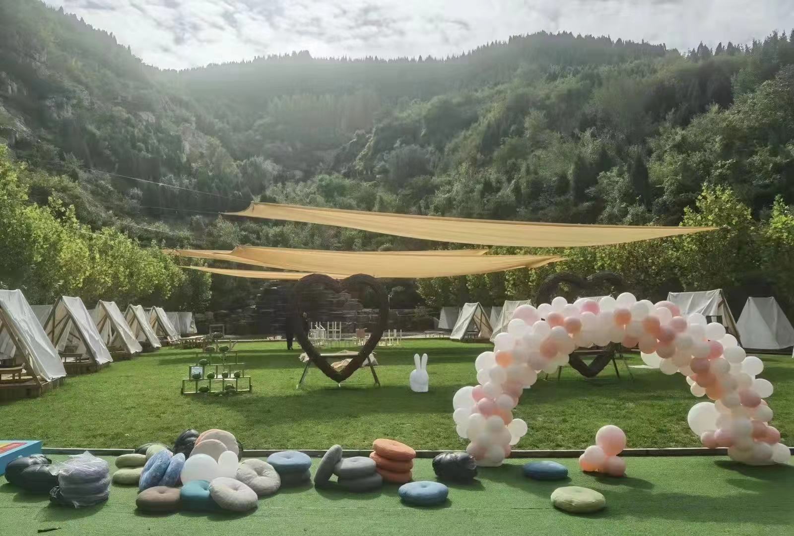 Rectangular shade sails for sun protection over an outdoor event or party area