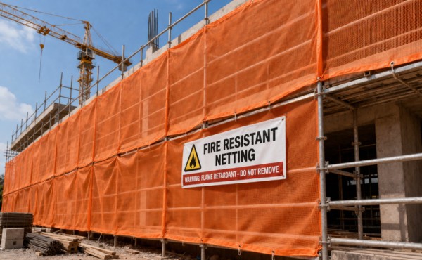 Construction site with orange fire-resistant netting